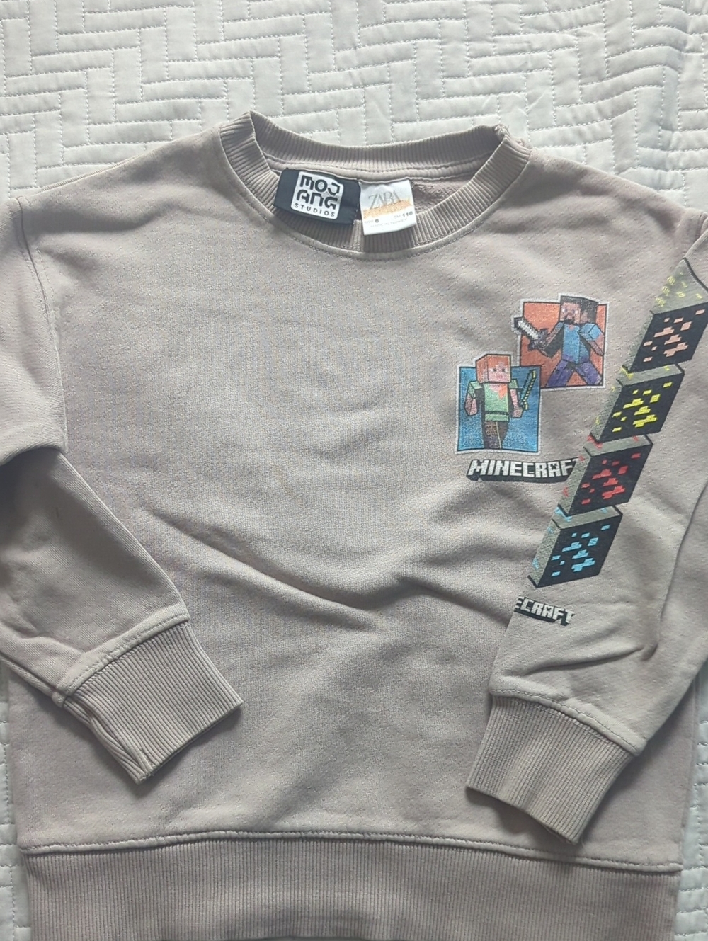 Zara Kids Minecraft Crewneck Sweatshirt - Taupe with Multicolor Graphics